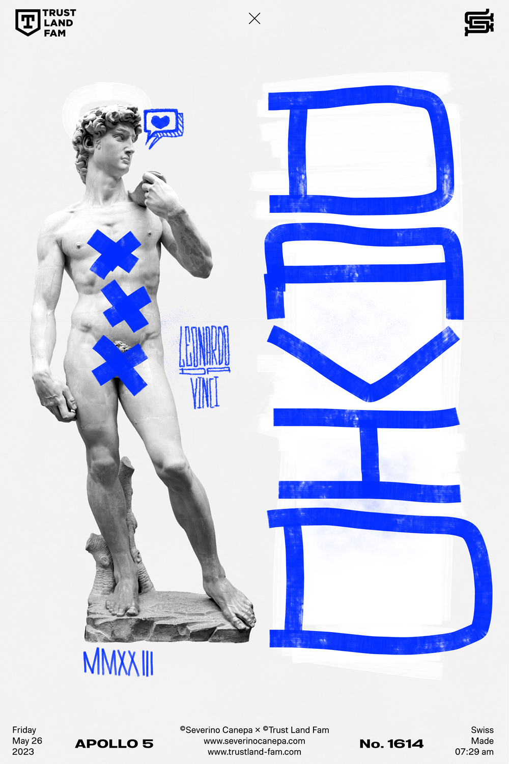 Minimalist graphic creation with handmade letters, the picture of David statue, and shapes