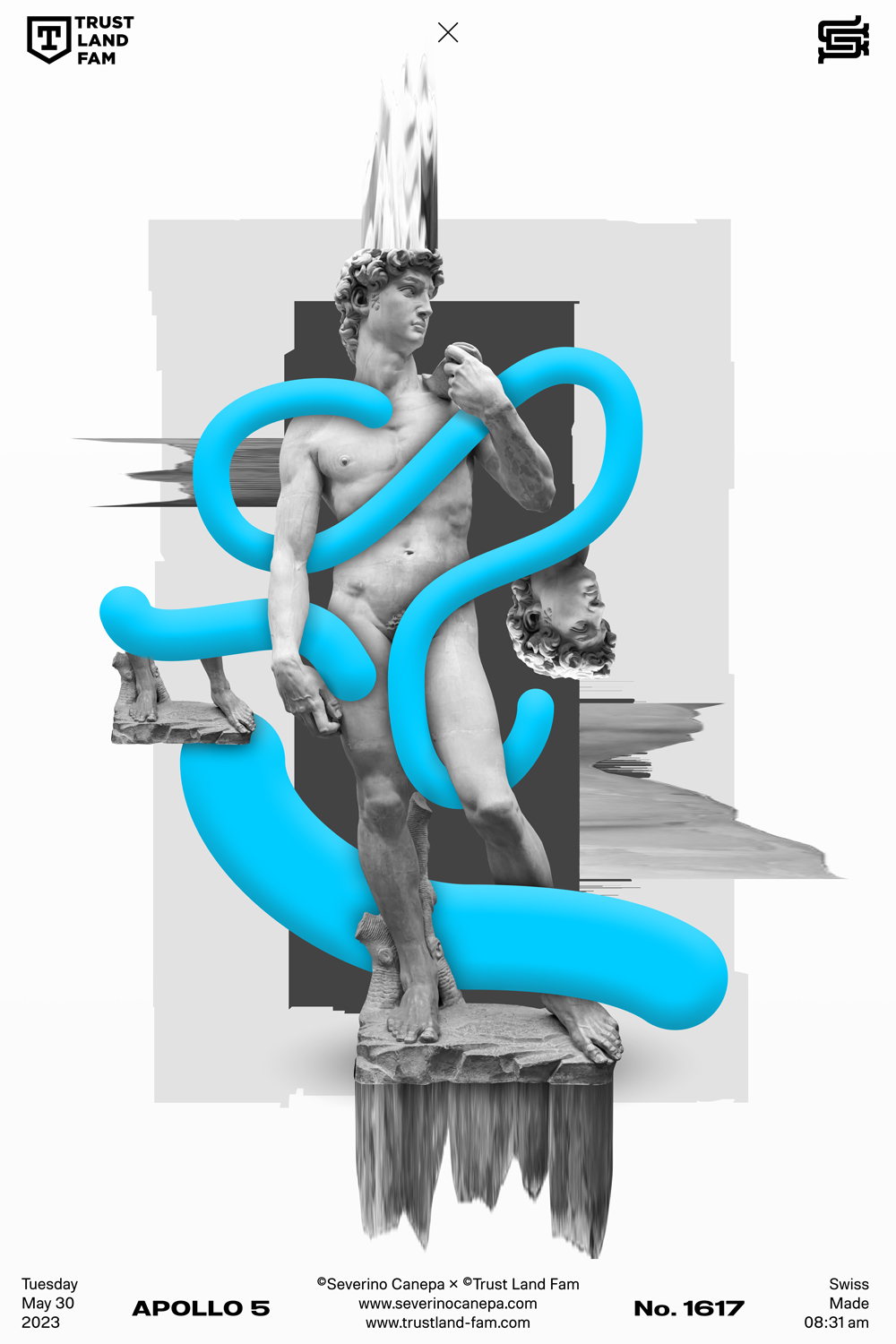 Digital creation using organic and blue shapes in between the statue of David