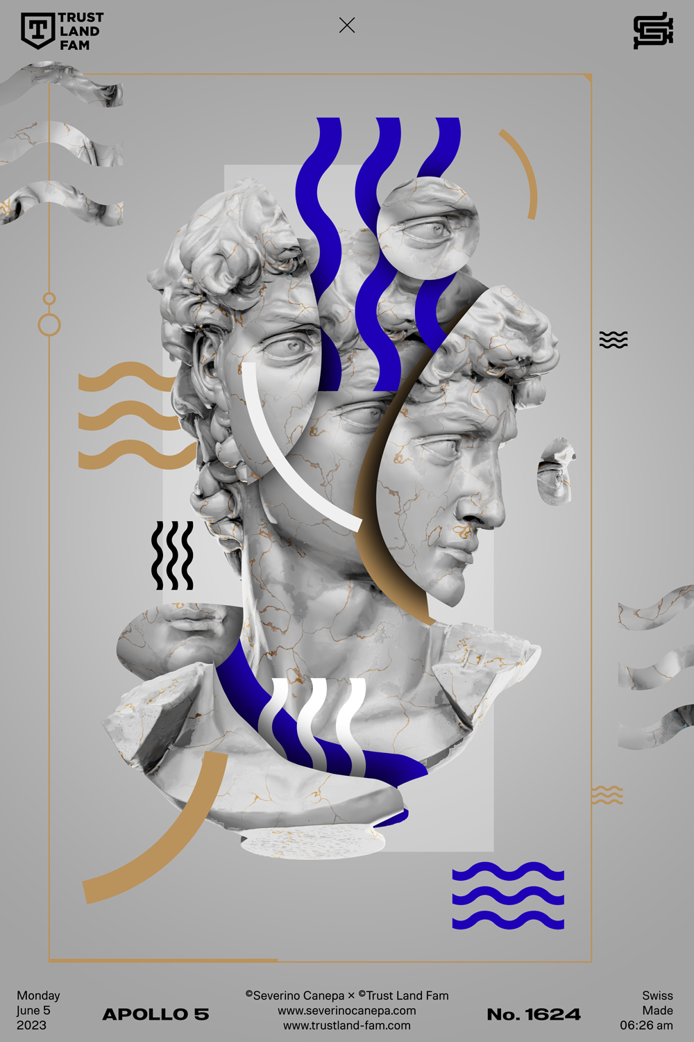 Visual art made with AI-generated images of David's statue and geometric shapes