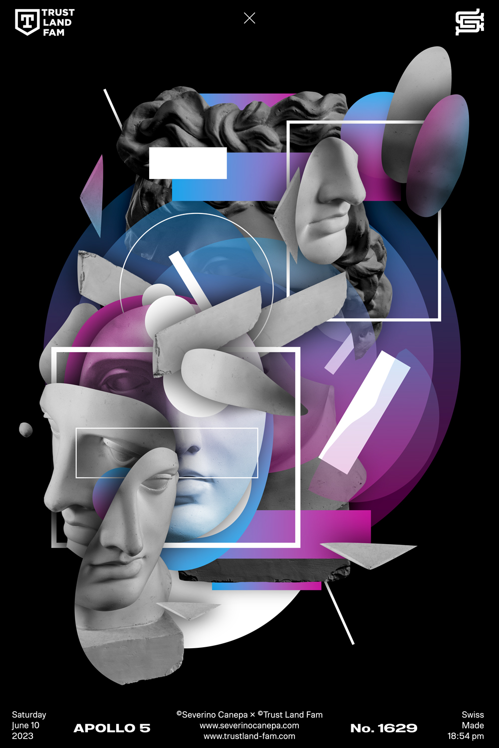 Visual creation made with cut-out part of Apollo's Statue mixed with geometric shapes filled with gradient and white color