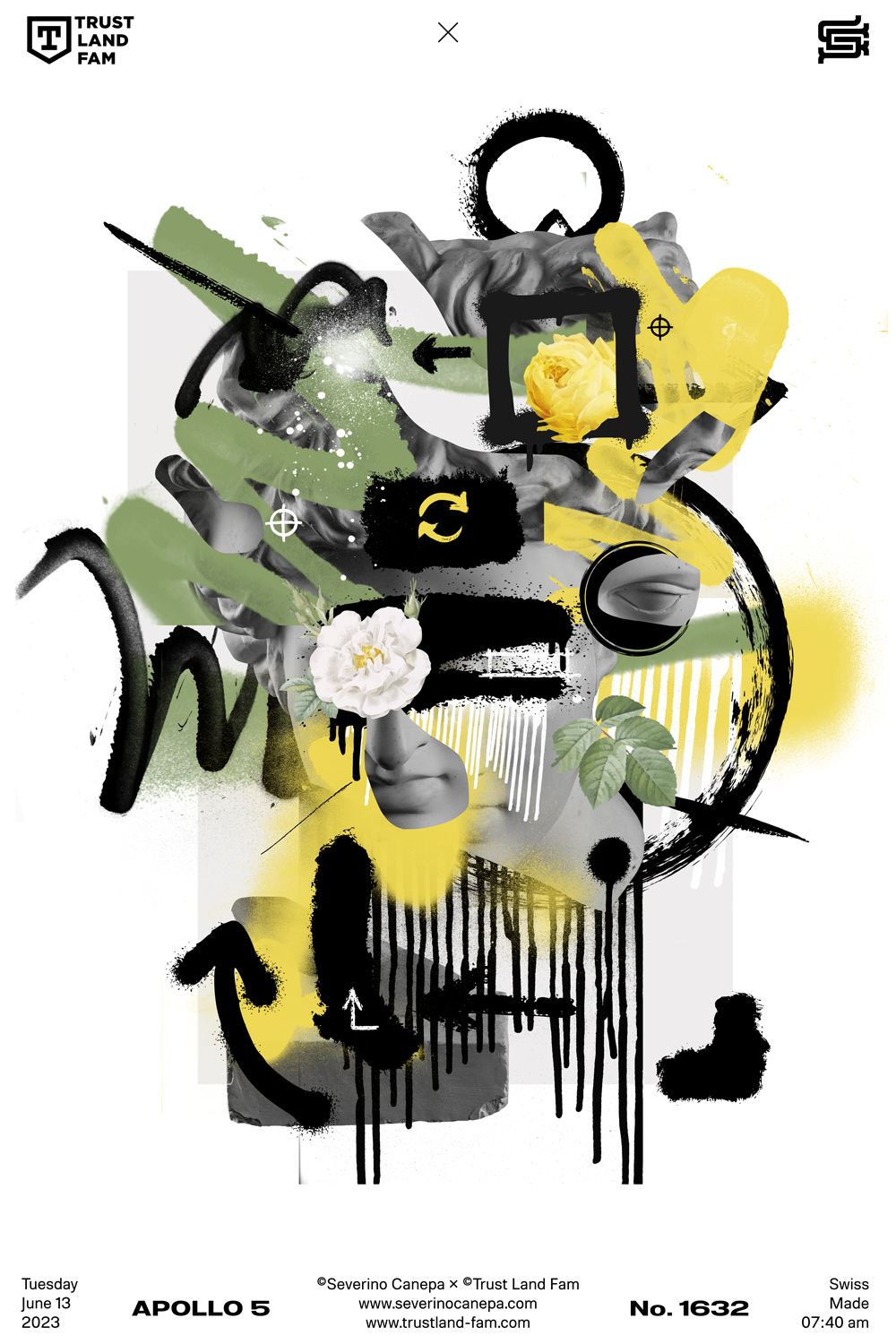 Design made as a collage with graffiti and grunge brushes, vectors, and the statue of Apollo