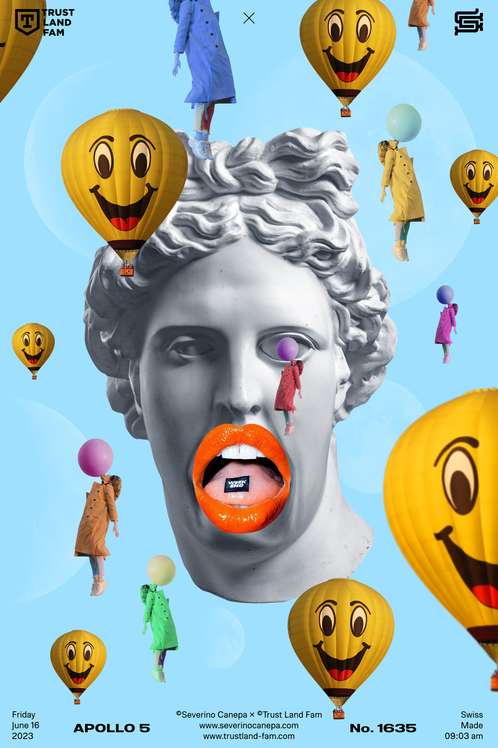 Fun and absurd creation using the statue of Apollo and different elements as a collage