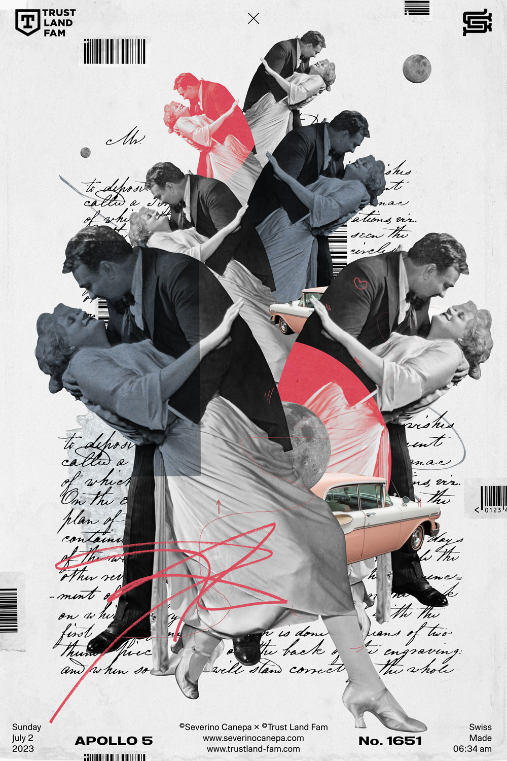 Digital collage based on the repetition of an image, scribbles, and writing