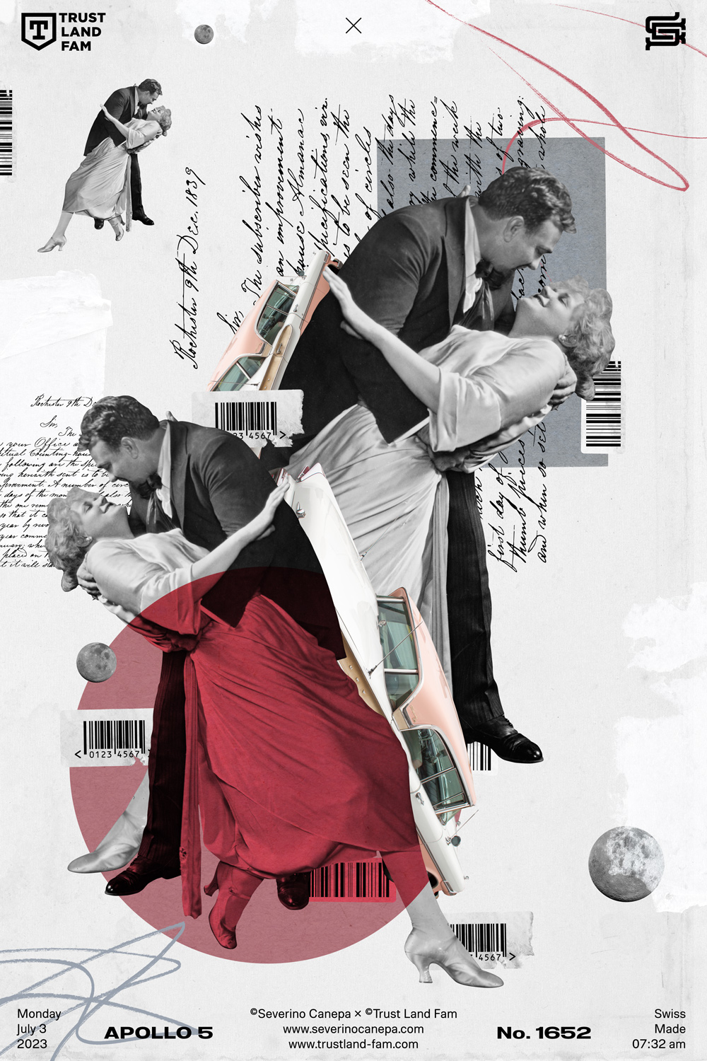 Digital collage number four of a mini-series made with vintage dancers, writing, scribbles, and moons