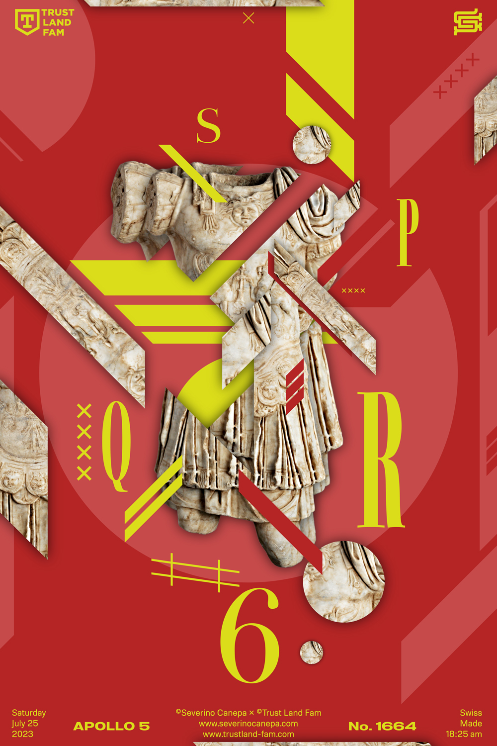 Visual creation made with geometric shapes, typography, and an antique roman statue