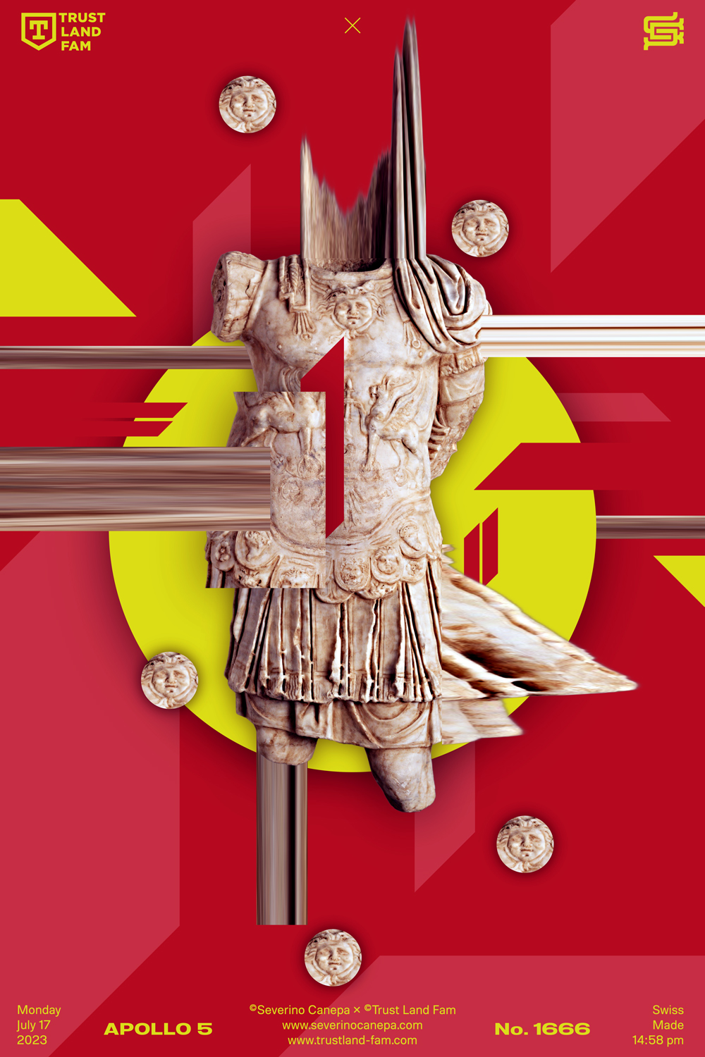 Visual creation using the statue of an antique roman soldier or emperor and geometric shapes