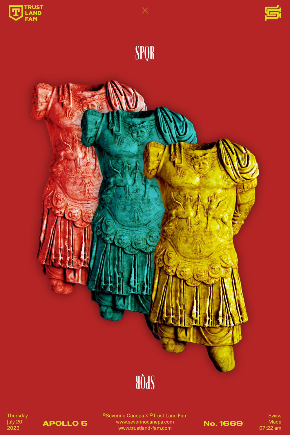 Minimalist creation with three colored statue of an antique roman soldier or emporer