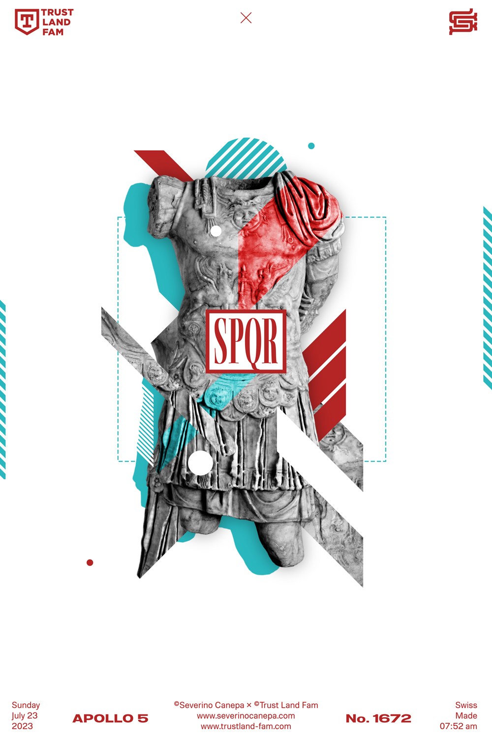 Light and fresh creation made with sharp shapes, the statue of a roman soldier, and a few text