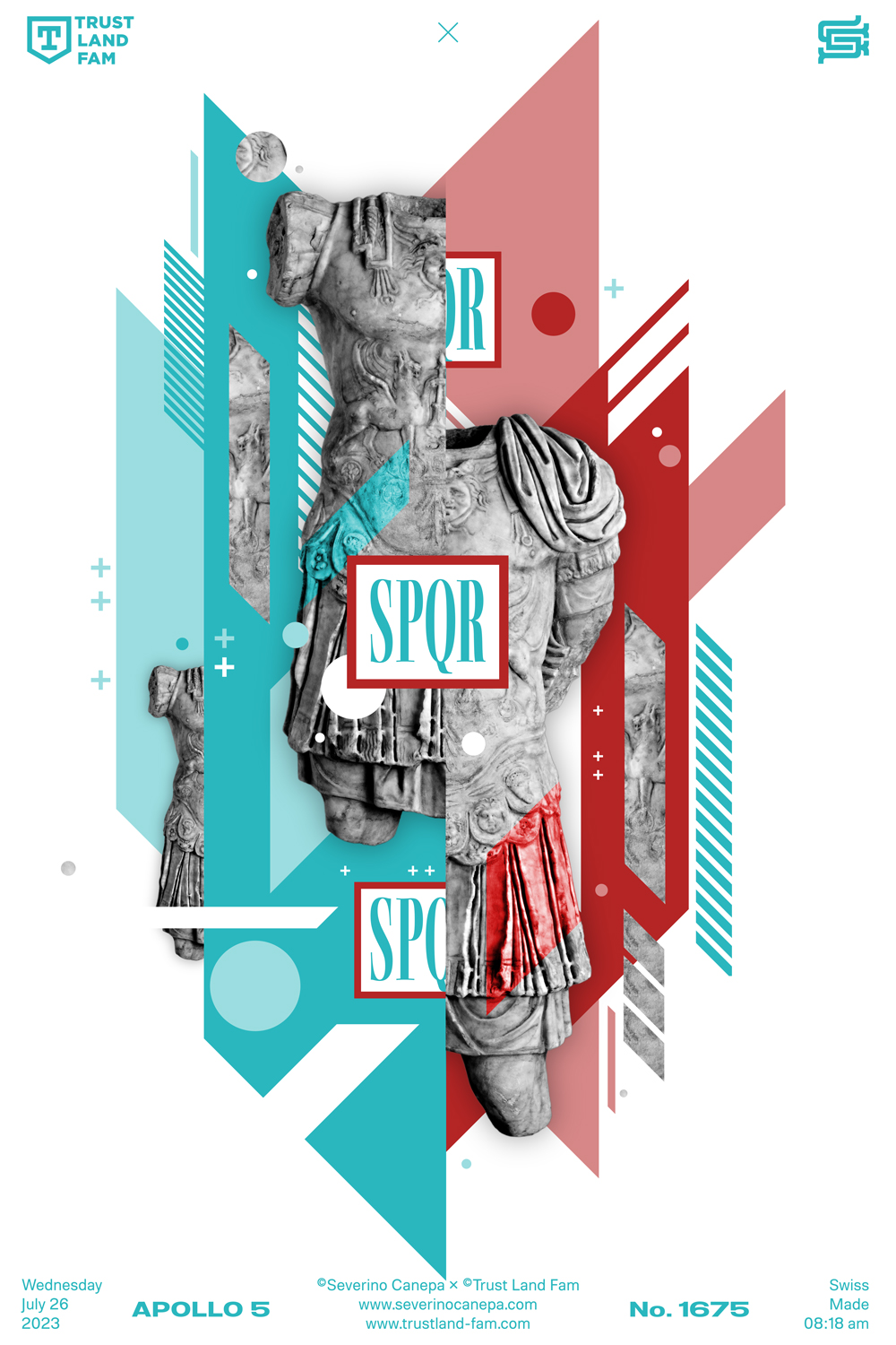 Digital creation using sharp shapes, typography, and the statue of an antique roman emperor or centurion