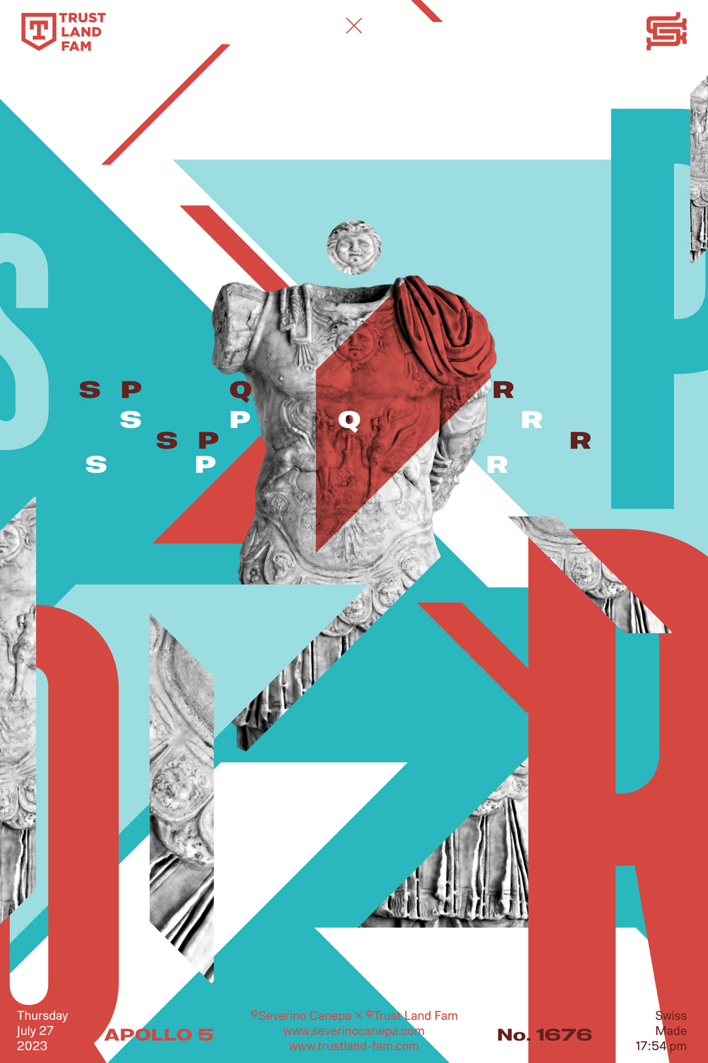 Dynamic and immersive digital creation using typography, geometric shapes, and the statue of an antique roman