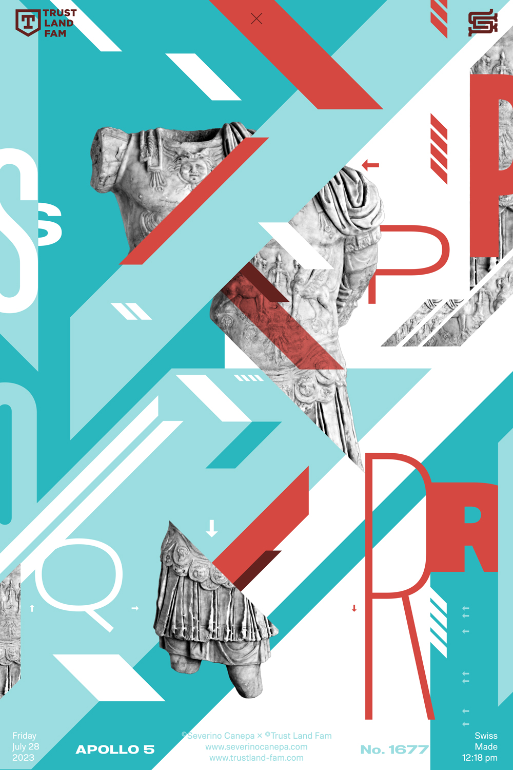 Dynamic and creative visual artwork using oblique and angular geometric shapes with a statue