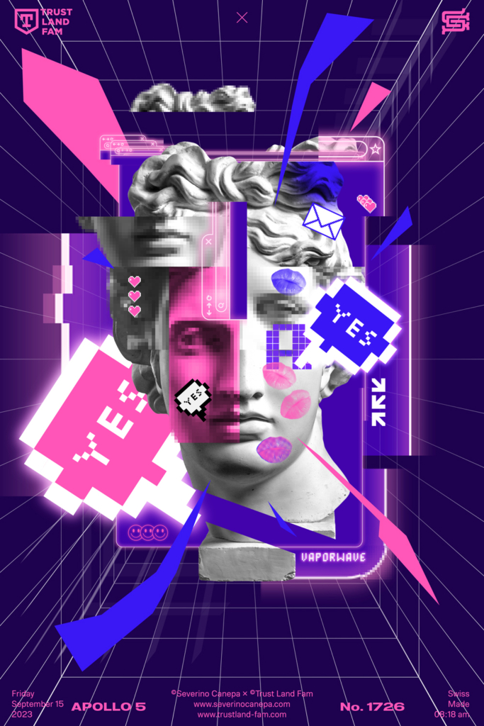 Creative and playful digital artwork I made with Apollo's picture with a Vaporwave style