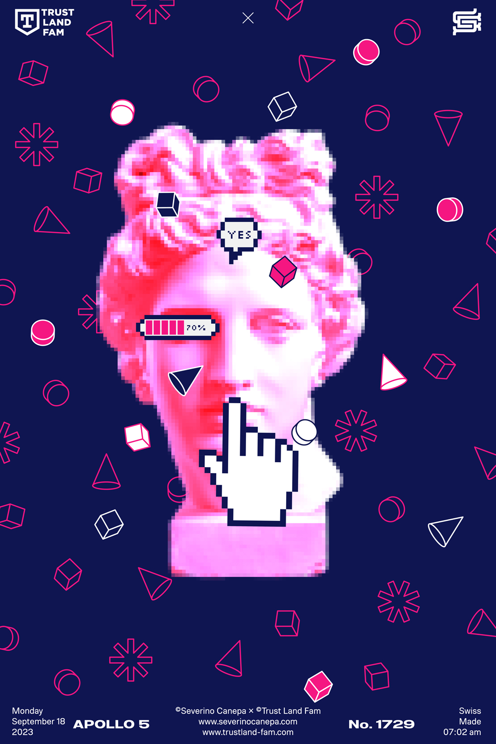 Playful digital artwork using vector pixel art and the statue of Apollo