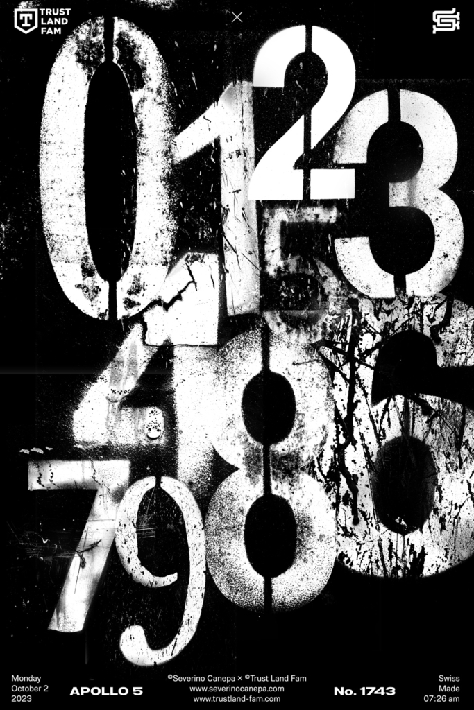 Visual artwork using trash numbers in white over a black background