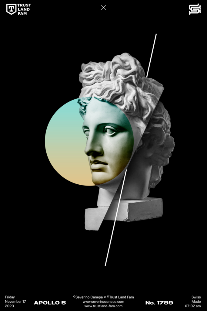 Minimalist digital artwork with the Statue of Apollo, a line, and a circle