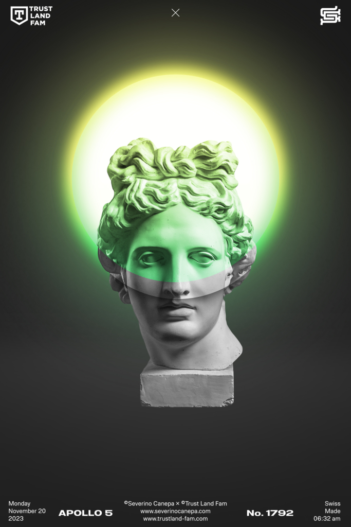 Minimalist graphic creation made with Apollo's statue and a large sun filled with a gradient