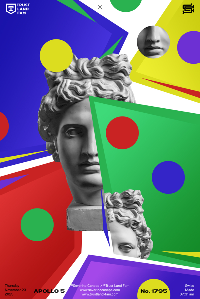 Visual artwork realized with geometric shapes and the statue of Apollo