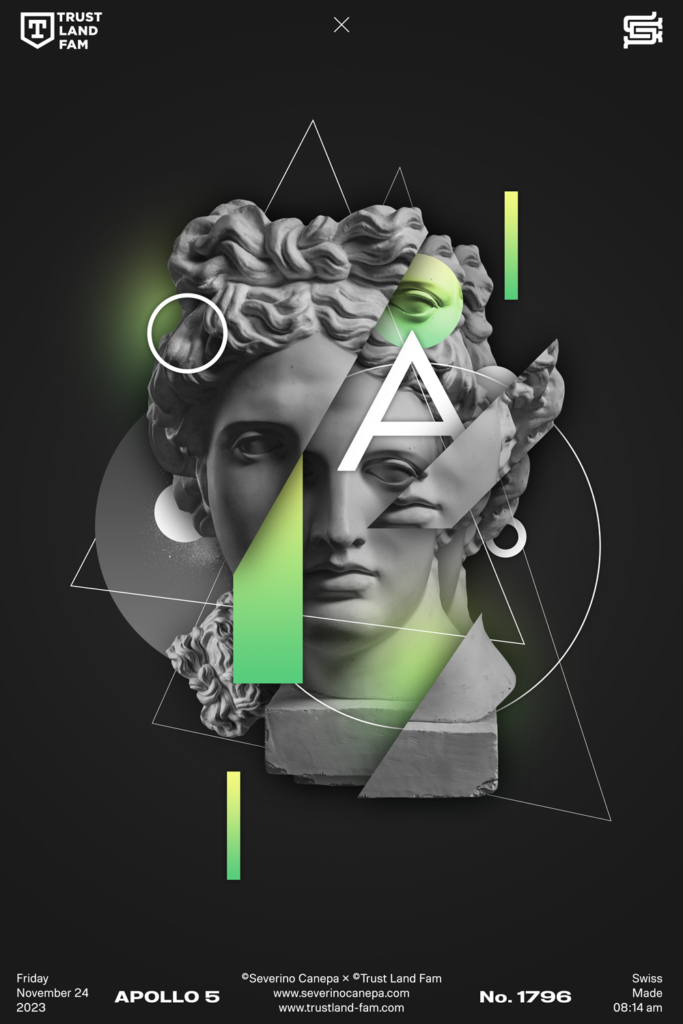 Aerial and dreamlike poster creation made with Apollo's statue and geometric shapes