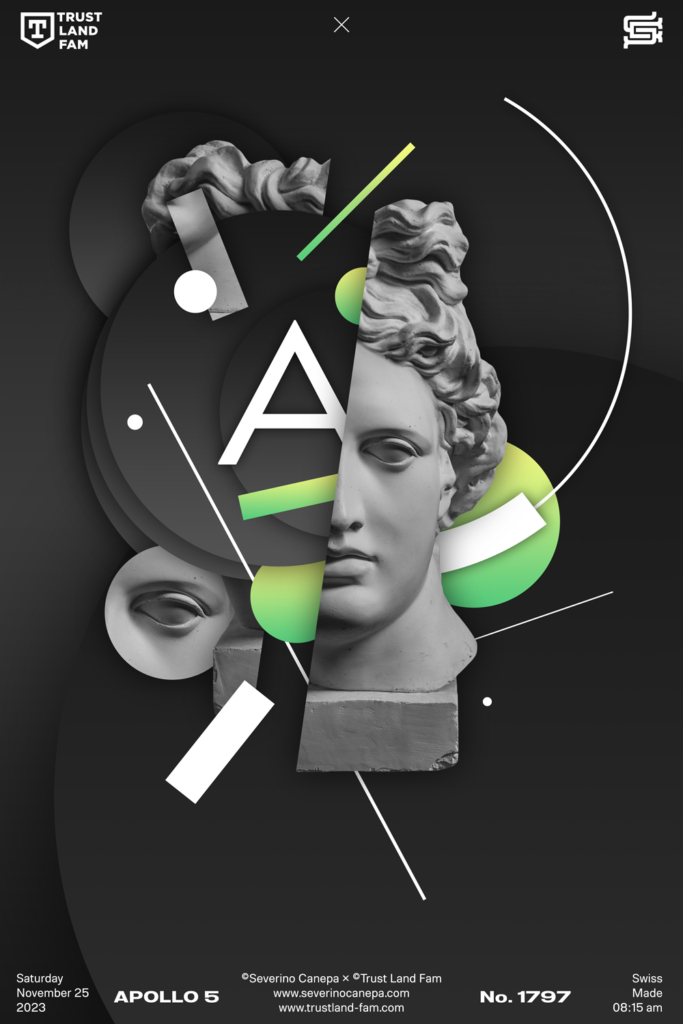 Light and dark dreamlike artwork made with geometric shapes, typography, and Apollo's statue