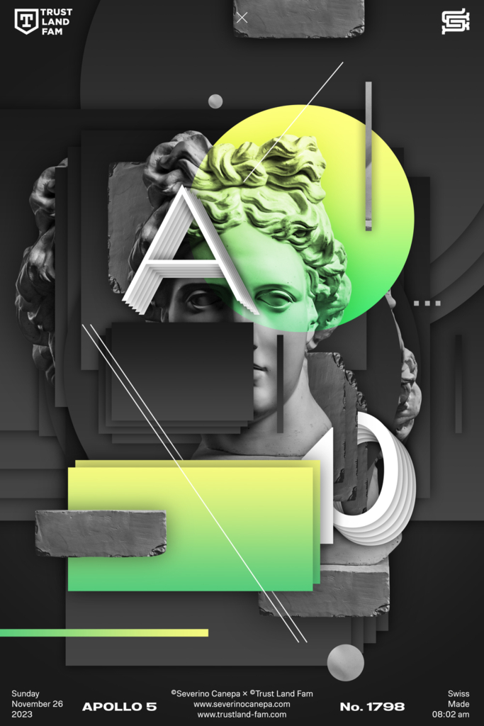 Digital creation featuring Apollo's statue, typography, and geometric shapes