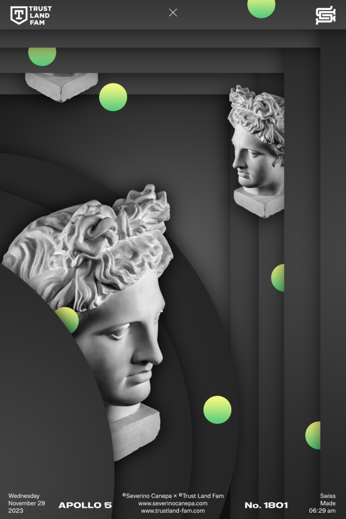 Dynamic and geometric digital creation made with basic dark forms and the statue of Apollo