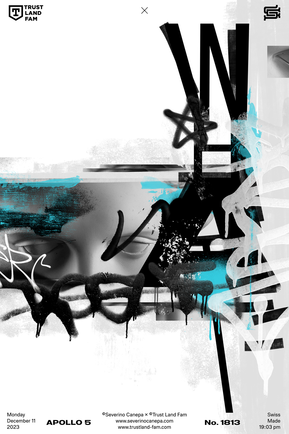 Digital artwork made with graffiti, the statue of Apollo, and typography