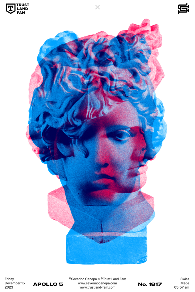 Minimalist artwork using two risograph versions of two views of Apollo's statue