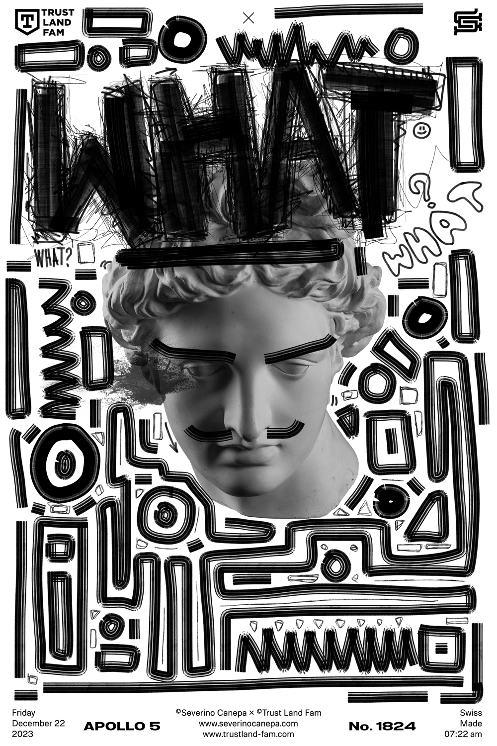 Visual creation realized with geometric shapes made of markers, handmade typography and the picture of Apollo