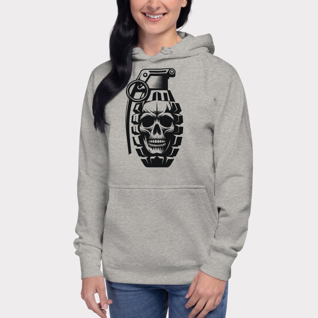 Woman wearing the Skull Grenade vector design printed on Unisex Premium Hoodies