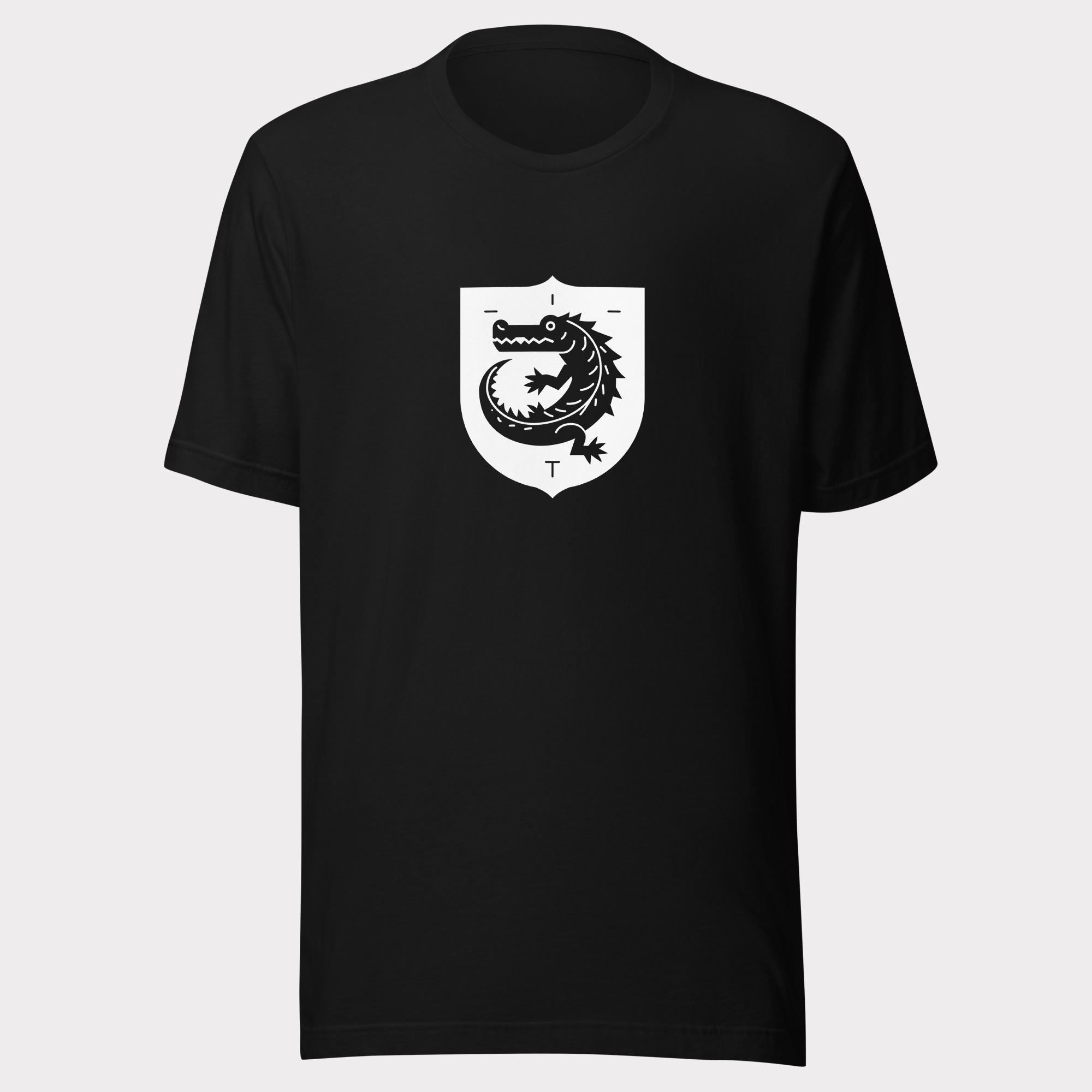 The black tee printed with the white Surprised Crocodilian made with a crocodile inside a blazon