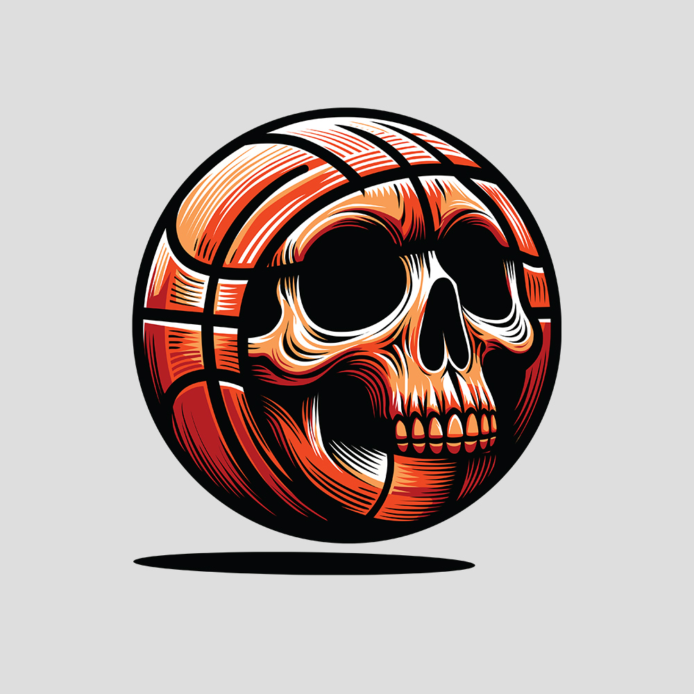 It is the vector artwork of a basketball with the head of a skull