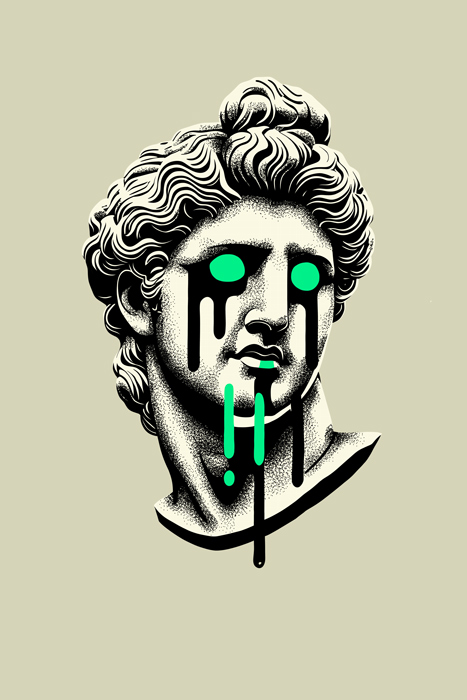 Digital illustration of Apollo's statue with dripping eyes