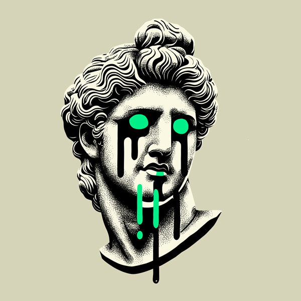 Digital handrawn artwork of Apollo's statue with stipples and dripping eyes