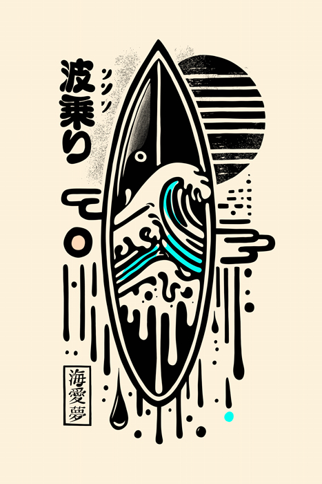 Artwork celebrating Hokusai's art under the theme of surfing