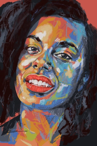 Tablet-painted Afro woman portrait with bright red lips and graffiti-style marks on a dark background.