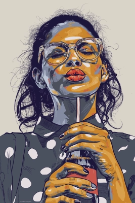 Pop art digital illustration of a woman sipping soda in the sunshine, titled Fizzy Kiss.