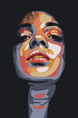 Digital portrait of a woman seen from below with bold colored shapes, titled Lined Queen.