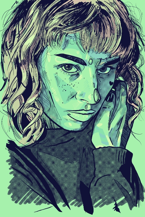 Digital pop art portrait of a girl with wavy hair, mint green skin tones, bold black lines and graphic patterns, looking intensely at the viewer.