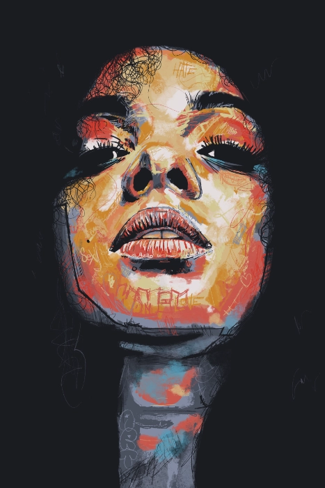 Digital painting of a Black woman seen from below with vivid brush strokes, titled Painted Queen.