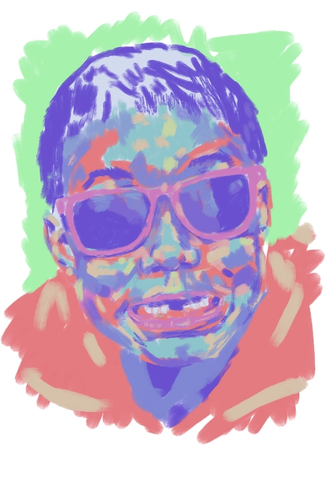 Digital portrait of a smiling child with sunglasses, painted on iPad in acrylic-style pastel colours of purple, green and coral.