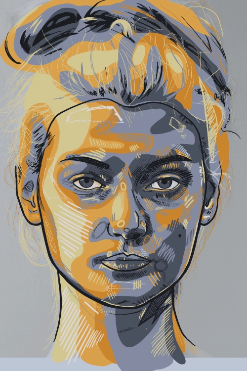 Digital portrait of a young woman in grey and warm tones, titled The Grey Dancer.