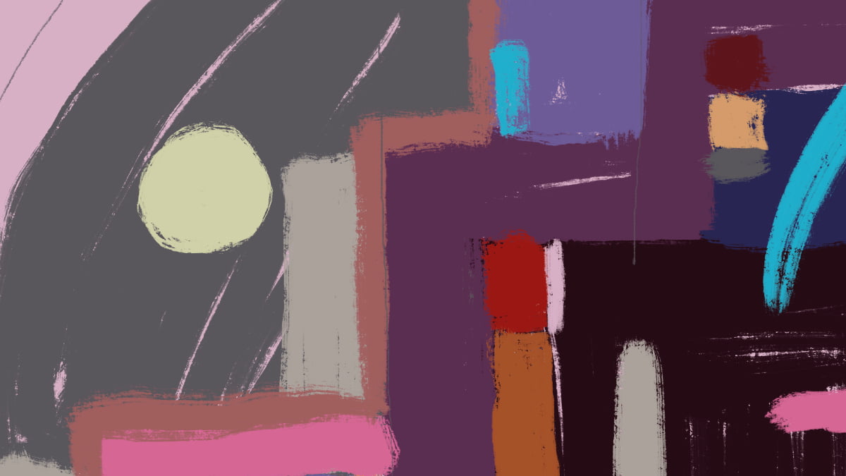 Abstract geometric blocks on a mauve background with a black arch and a turquoise arc