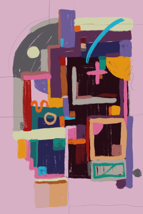 Abstract geometric painting on a mauve field with a faint grid, stacked rectangular blocks, a black arch, a white L-shaped corridor, a pink plus mark, and a turquoise arc