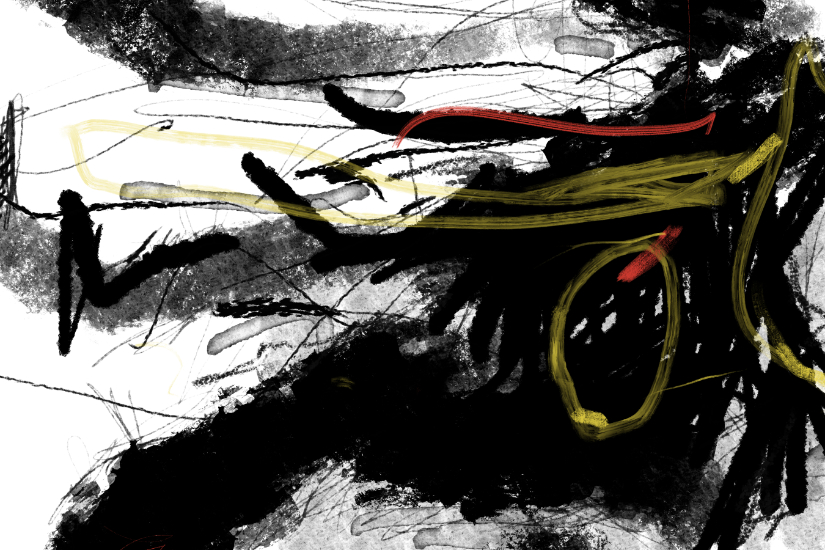 Large textured black mass with gray washes and yellow/red calligraphic lines, dynamic composition on white.