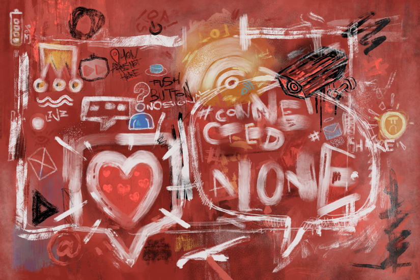Red notification-wall scene: phone-like frame and icons, glowing like-heart, eye/vortex, CCTV camera, “CONNECTED / ALONE” lettering.