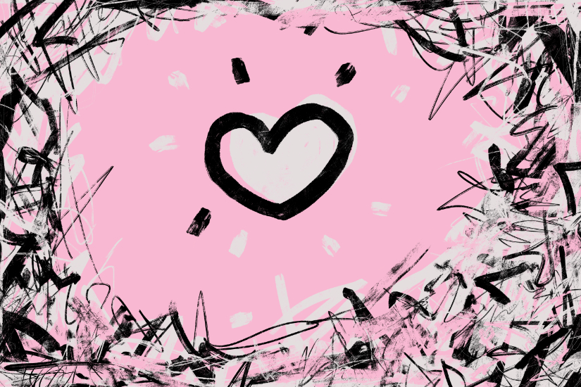 Large pink field with a central black-outlined heart and scattered pale marks, surrounded by dense messy black scribbles along the edges.