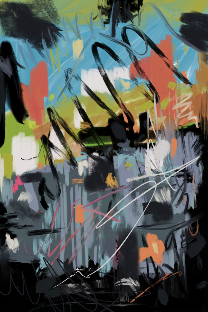 Layered abstract composition with sweeping black brushstrokes, teal-blue field, coral/orange shapes, smoky gray textures, and white scribble accents.