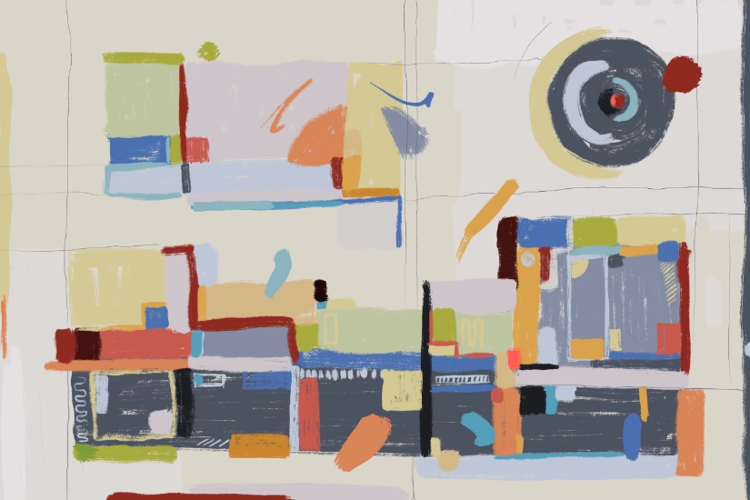 Abstract artwork titled “Notes on a Threshold” with a hand-drawn grid of pastel blocks and a small circular target in the top-right corner.