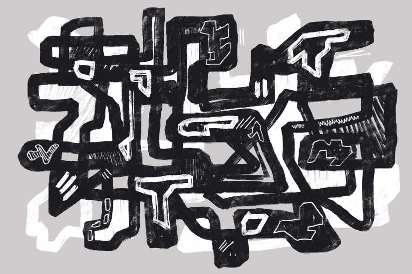 Black-and-white abstract artwork with thick textured forms and negative space, resembling a map of life’s path.