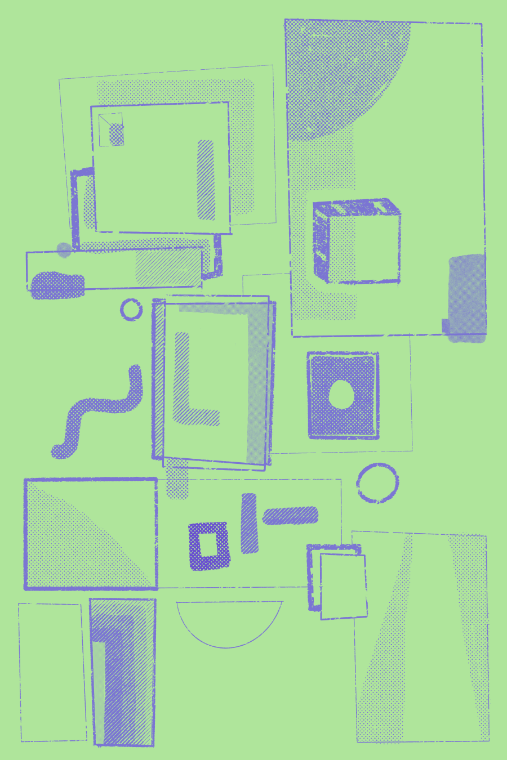 Layered comic-style speech bubbles and panels in blue duotone with halftone dots, geometric shapes, and a large “L” on mint green.